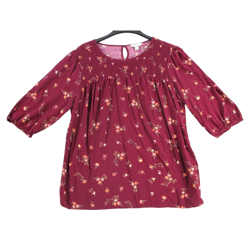 Croft & Barrow Womens Plus 1X Burgundy Floral Smocked Rayon Blouse 3/4 Sleeve